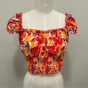 SHEIN Shirred Crop Top Orange and Red Floral Size Large 8/10